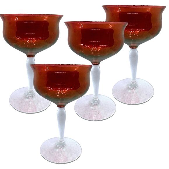 Set of 4 Vtg. 1950’s W. Virginia Glass Red Rose Lustre Cranberry Champagne Glass - Picture 2 of 8